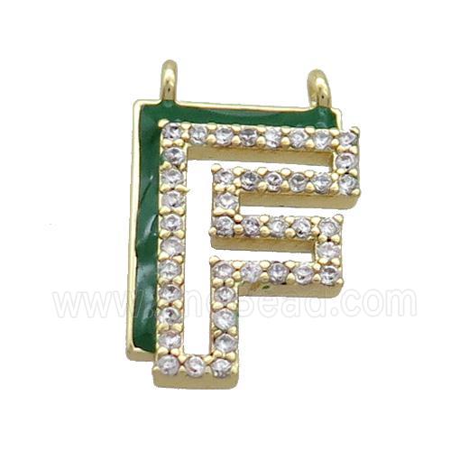 Copper Pendant Pave Zircon Green Enamel Letter-F 2loops Gold Plated