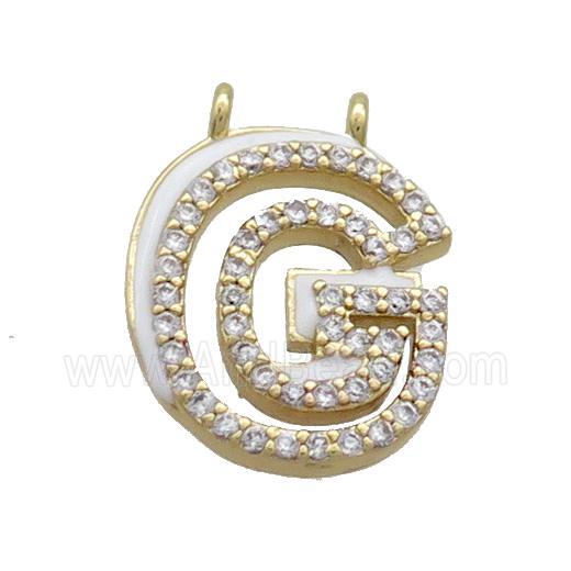Copper Pendant Pave Zircon White Enamel Letter-G 2loops Gold Plated