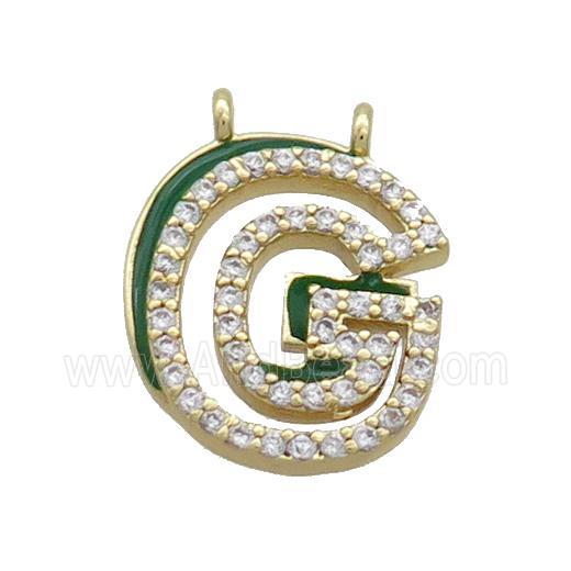 Copper Pendant Pave Zircon Green Enamel Letter-G 2loops Gold Plated