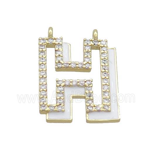Copper Pendant Pave Zircon White Enamel Letter-H 2loops Gold Plated
