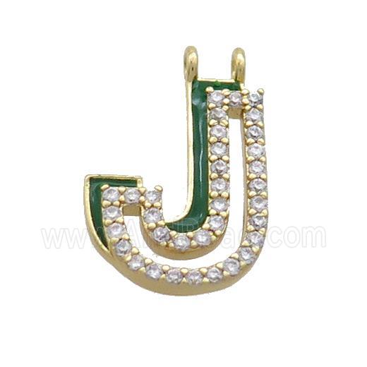 Copper Pendant Pave Zircon Green Enamel Letter-J 2loops Gold Plated