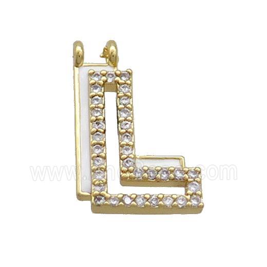 Copper Pendant Pave Zircon White Enamel Letter-L 2loops Gold Plated