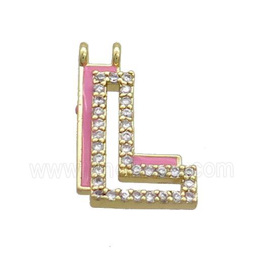 Copper Pendant Pave Zircon Pink Enamel Letter-L 2loops Gold Plated