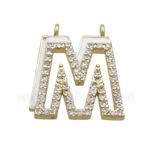 Copper Pendant Pave Zircon White Enamel Letter-M 2loops Gold Plated