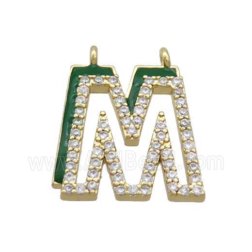 Copper Pendant Pave Zircon Green Enamel Letter-M 2loops Gold Plated