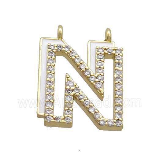 Copper Pendant Pave Zircon White Enamel Letter-N 2loops Gold Plated