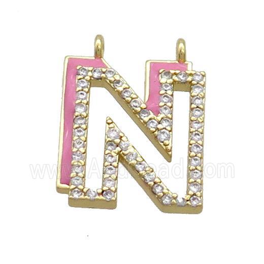 Copper Pendant Pave Zircon Pink Enamel Letter-N 2loops Gold Plated