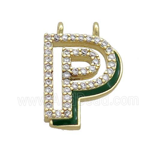 Copper Pendant Pave Zircon Green Enamel Letter-P 2loops Gold Plated