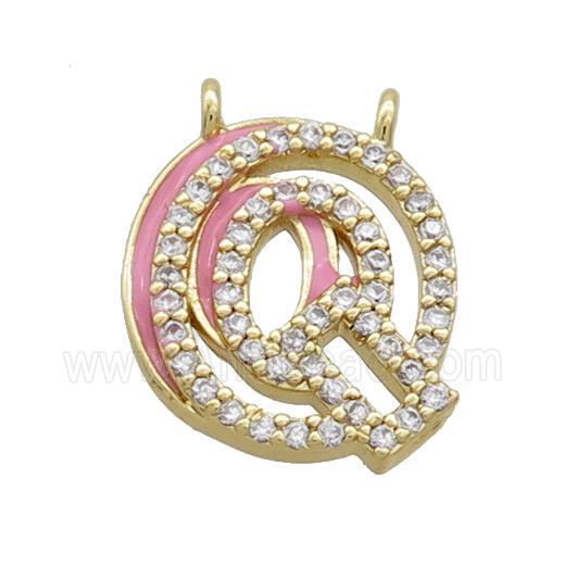 Copper Pendant Pave Zircon Pink Enamel Letter-Q 2loops Gold Plated