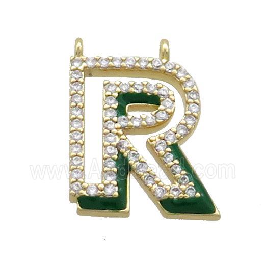 Copper Pendant Pave Zircon Green Enamel Letter-R 2loops Gold Plated