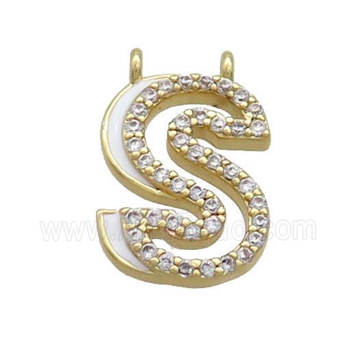 Copper Pendant Pave Zircon White Enamel Letter-S 2loops Gold Plated