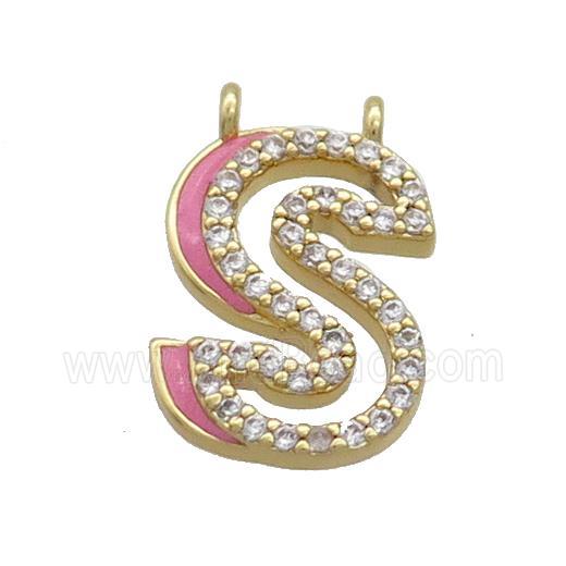 Copper Pendant Pave Zircon Pink Enamel Letter-S 2loops Gold Plated