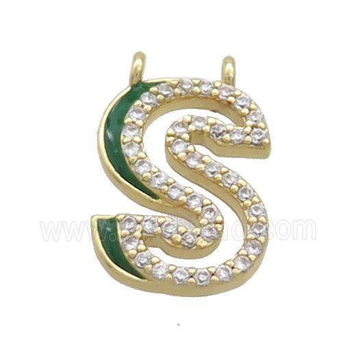 Copper Pendant Pave Zircon Green Enamel Letter-S 2loops Gold Plated