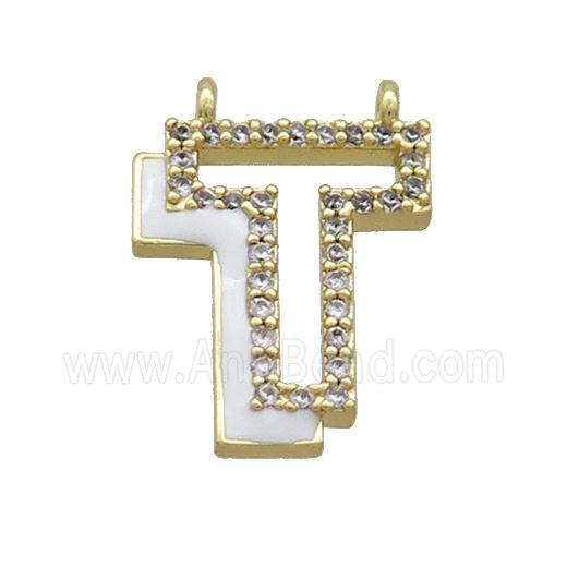 Copper Pendant Pave Zircon White Enamel Letter-T 2loops Gold Plated