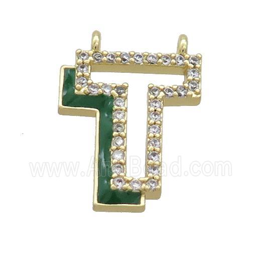 Copper Pendant Pave Zircon Green Enamel Letter-T 2loops Gold Plated