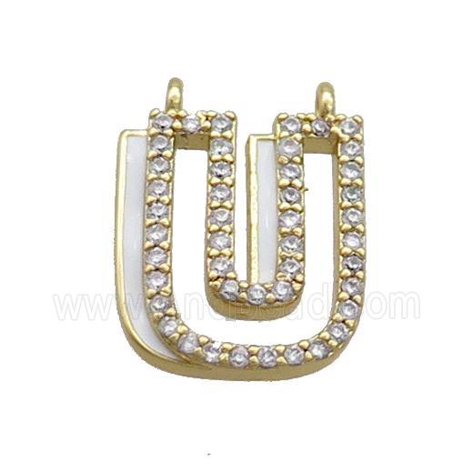 Copper Pendant Pave Zircon White Enamel Letter-U 2loops Gold Plated