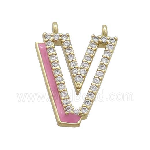 Copper Pendant Pave Zircon Pink Enamel Letter-V 2loops Gold Plated