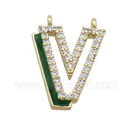 Copper Pendant Pave Zircon Green Enamel Letter-V 2loops Gold Plated