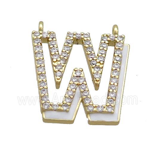 Copper Pendant Pave Zircon White Enamel Letter-W 2loops Gold Plated
