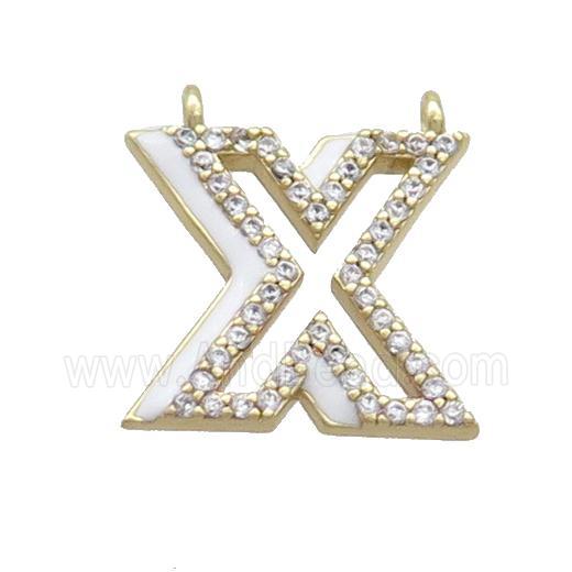 Copper Pendant Pave Zircon White Enamel Letter-X 2loops Gold Plated