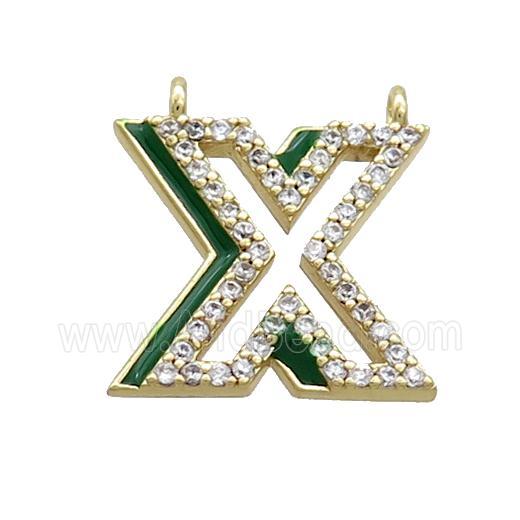Copper Pendant Pave Zircon Green Enamel Letter-X 2loops Gold Plated