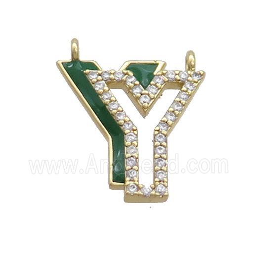 Copper Pendant Pave Zircon Green Enamel Letter-Y 2loops Gold Plated