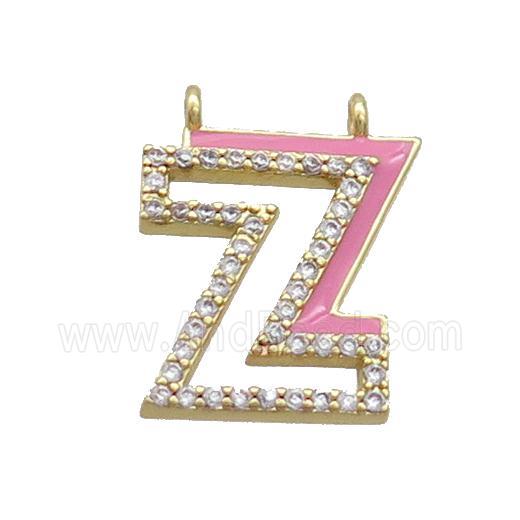 Copper Pendant Pave Zircon Pink Enamel Letter-Z 2loops Gold Plated