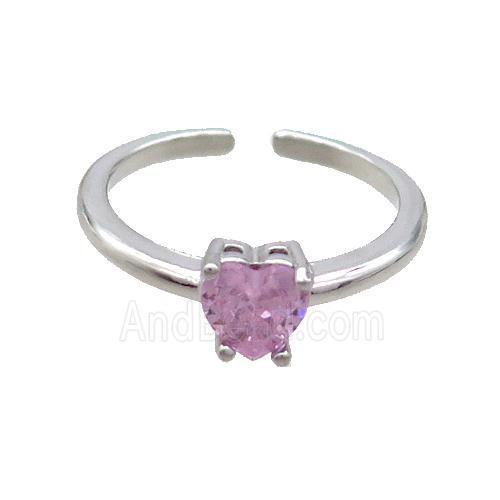 Copper Ring Pave Pink Crystal Glass Heart Platinum Plated