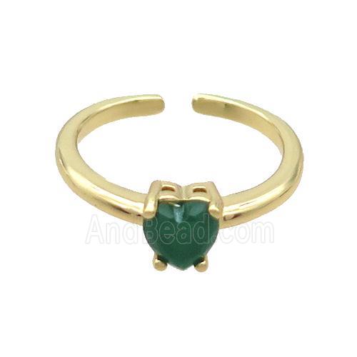 Copper Ring Pave Green Crystal Glass Heart Gold Plated