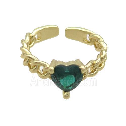 Copper Ring Pave Green Crystal Glass Heart Gold Plated