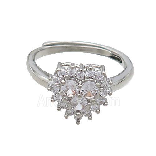Copper Ring Pave Zircon Heart Adjustable Platinum Plated