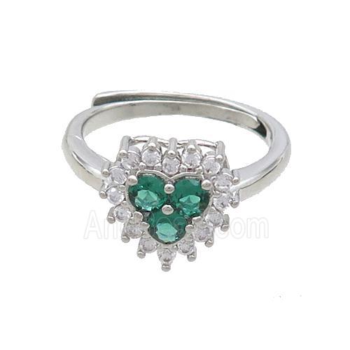 Copper Ring Pave Zircon Green Heart Adjustable Platinum Plated