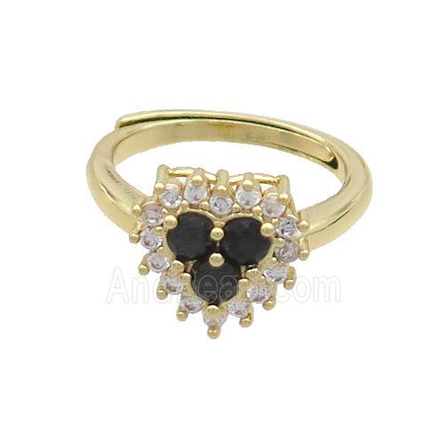 Copper Ring Pave Zircon Black Heart Adjustable Gold Plated