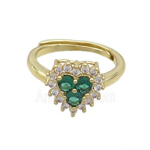 Copper Ring Pave Zircon Green Heart Adjustable Gold Plated