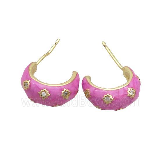 Copper Stud Earring Pave Zircon Hotpink Enamel Gold Plated