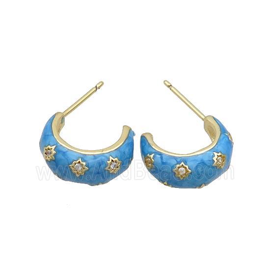 Copper Stud Earring Pave Zircon Blue Enamel Gold Plated