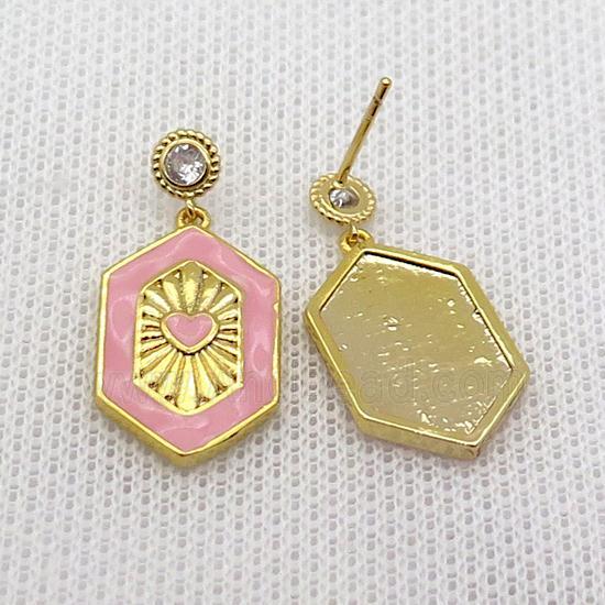 Copper Stud Earring Hexagon Pink Enamel Gold Plated