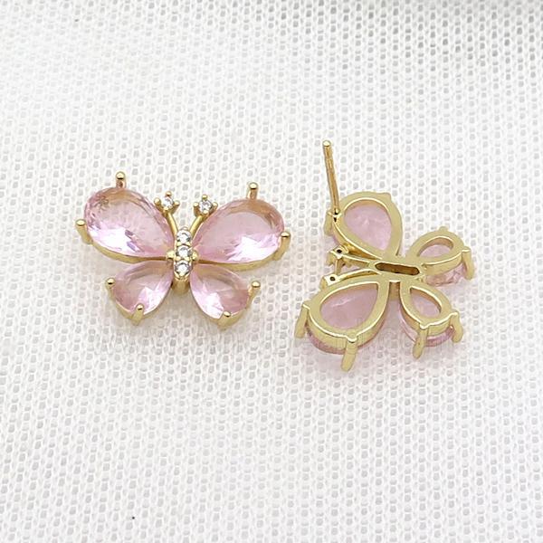 Copper Butterfly Stud Earring Pave Pink Crystal Glass Gold Plated