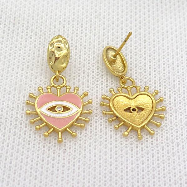 Copper Stud Earring Heart Pink Enamel Eye Gold Plated