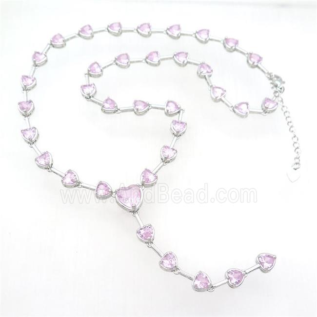 Copper Necklace Pave Zircon Pink Heart Platinum Plated