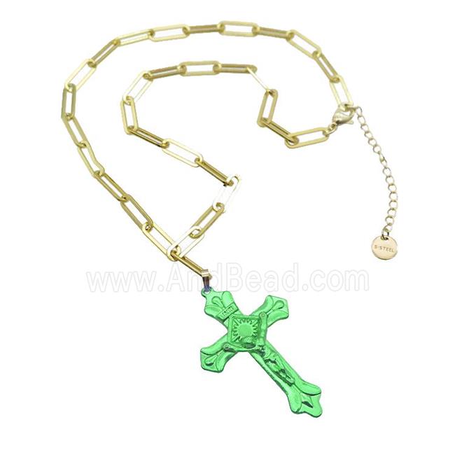 Copper Necklace Green Lacquered Cross Gold Plated