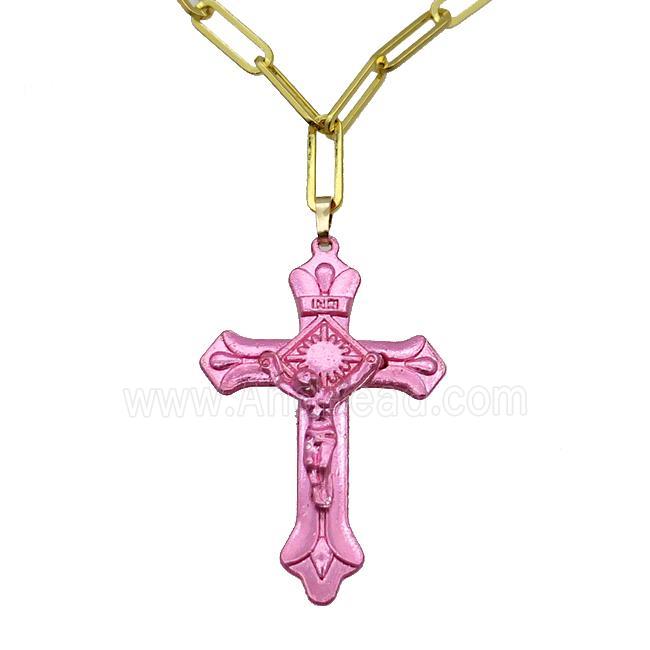 Copper Necklace Pink Lacquered Cross Gold Plated