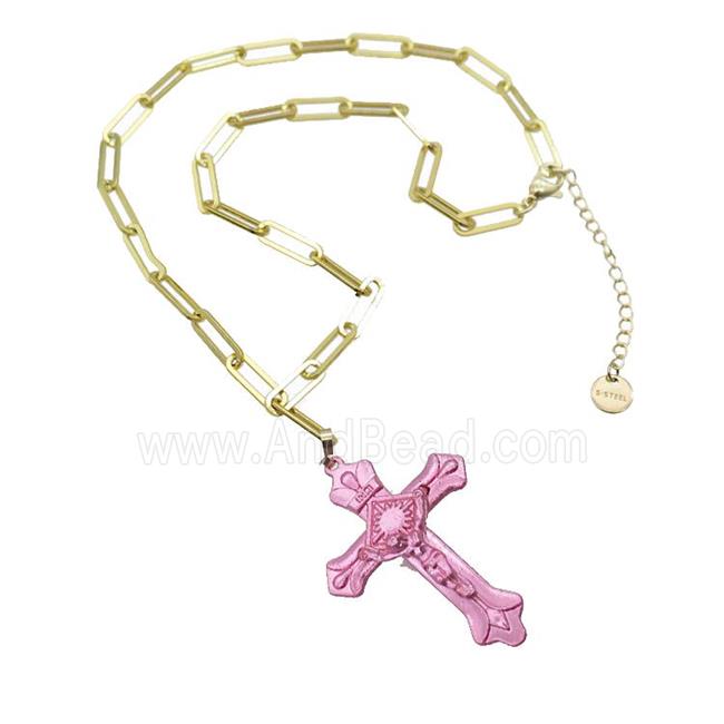 Copper Necklace Pink Lacquered Cross Gold Plated