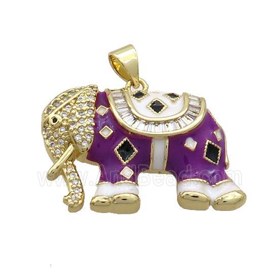 Copper Elephant Pendant Pave Zircon Purple Enamel Gold Plated