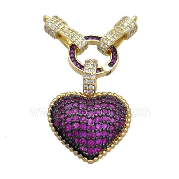 Copper Heart Pendant Pave Fuchsia Zircon 2loops Gold plated