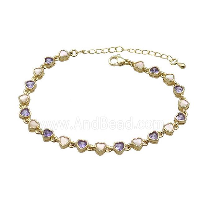 Copper Bracelets Pave Purple Zirocn Heart Gold Plated