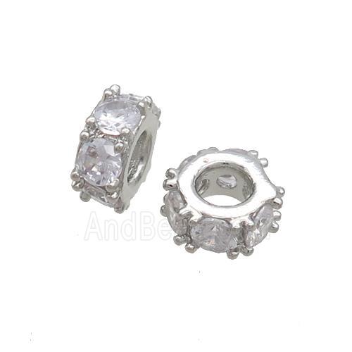 Copper Rondelle Beads Pave Zircon Large Hole Platinum Plated