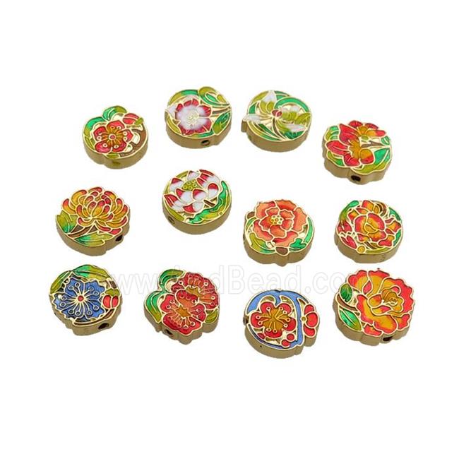 Copper Flower Beads Multicolor Cloisonne Gold Plated