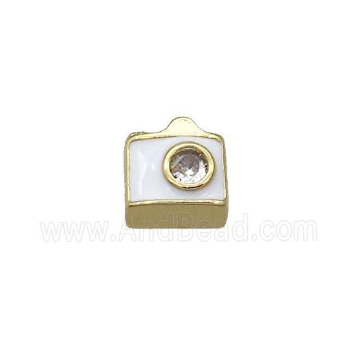 Copper Camera Charm Beads Pave Zircon White Enamel Gold Plated