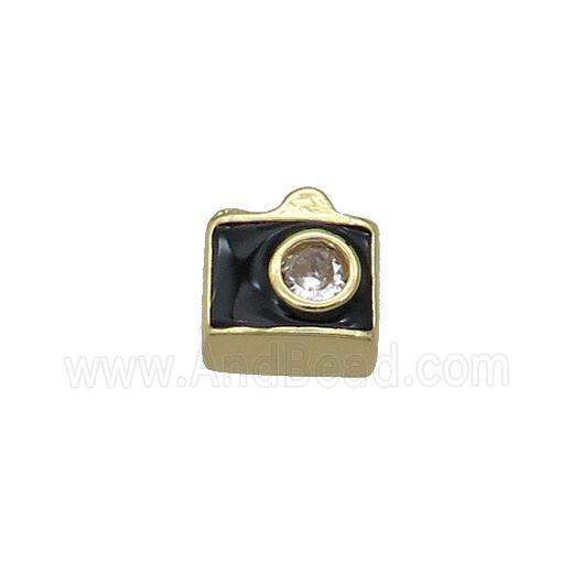 Copper Camera Charm Beads Pave Zircon Black Enamel Gold Plated